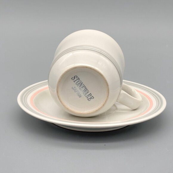 Vintage Japanese Stoneware Pink Rim Coffee Cups And Saucers Set Of 4 Soft Tone - Picture 6 of 7